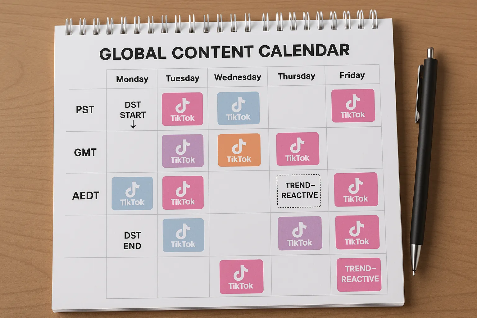 A global content calendar with colored blocks showing TikTok posts aligned to time zones, with annotations for daylight saving switches and trend-reactive slots.