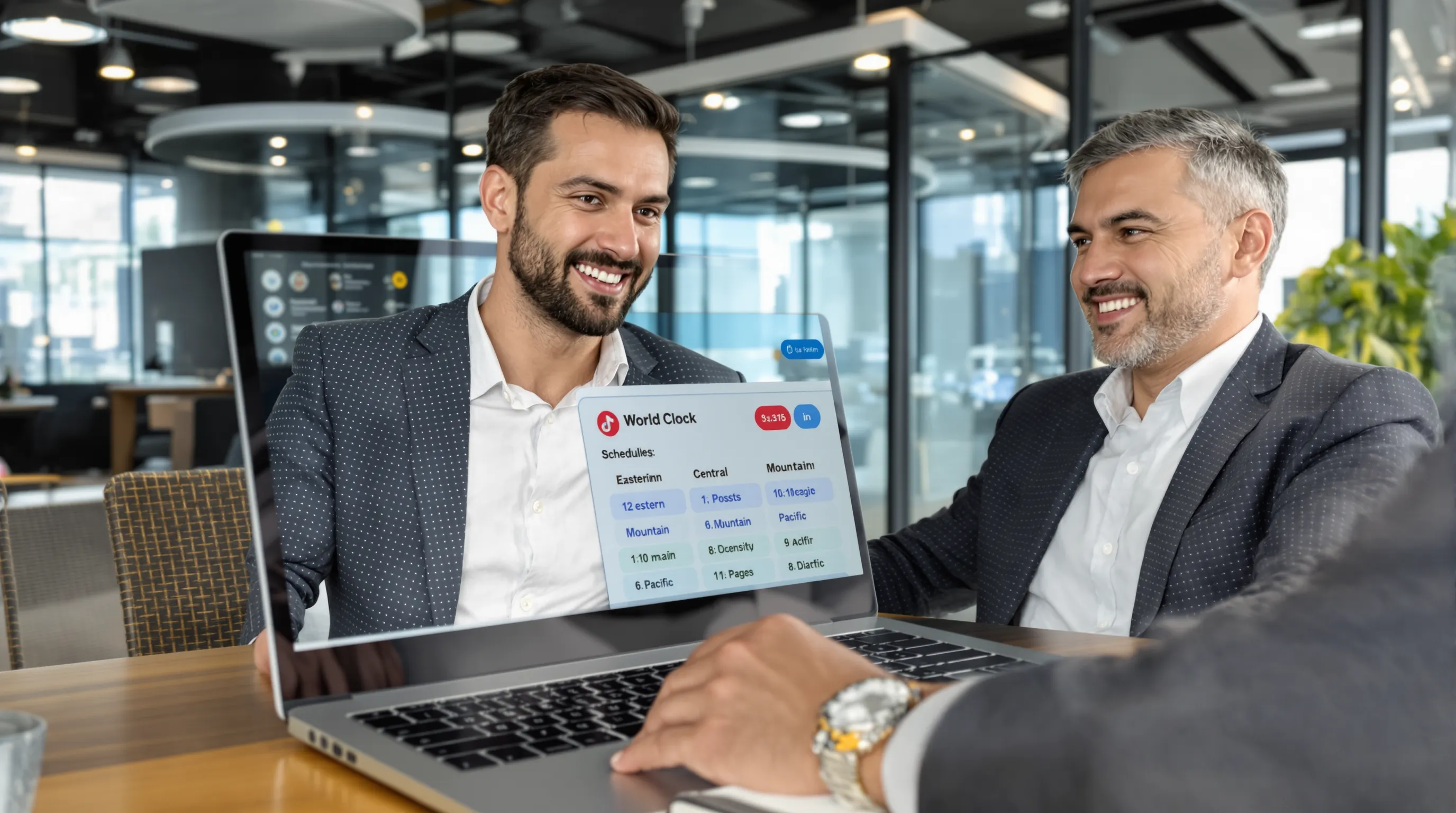 An international marketing manager sits at a laptop displaying a world clock, aligning TikTok posts for Eastern, Central, Mountain, and Pacific time zones on a scheduling dashboard.