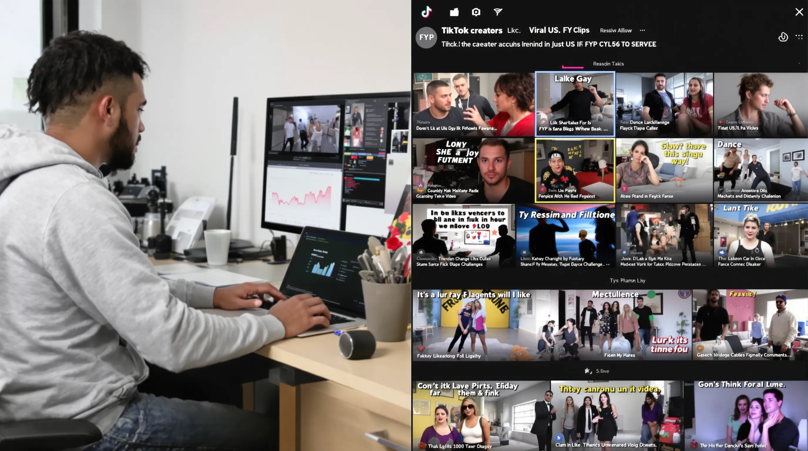Dynamic split-screen image showing a TikTok creator analyzing analytics on the left and a montage of viral U.S. FYP clips on the right, illustrating data-driven content creation.