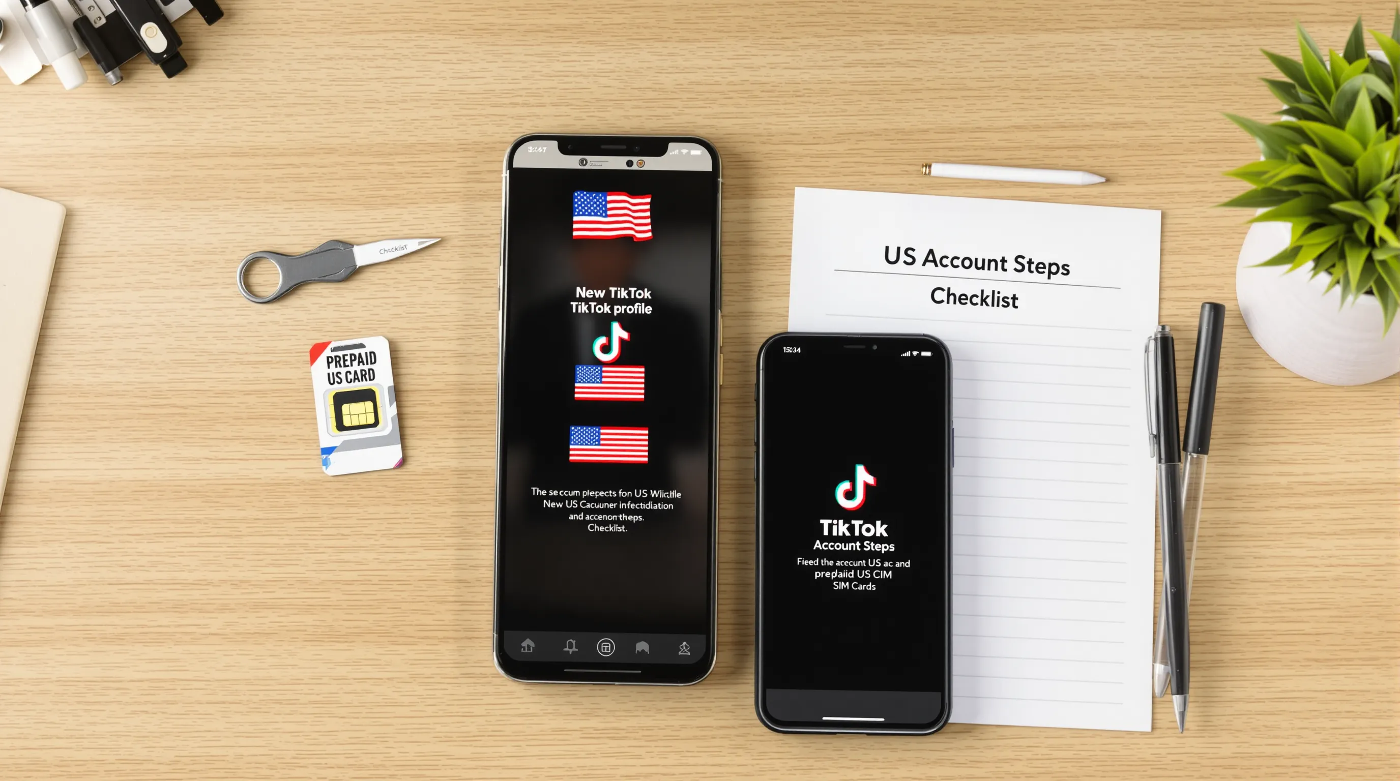 A marketer sits at a desk with two smartphones, one showing a new TikTok profile setup screen with the US flag icon, surrounded by a SIM ejector tool, a prepaid US SIM card, and a checklist notebook titled 