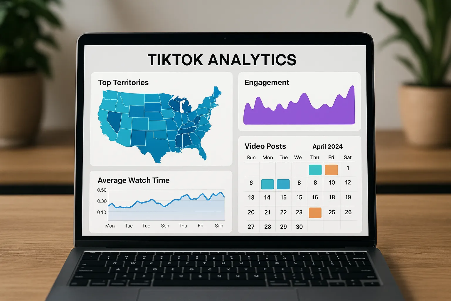 Colorful data dashboard on a laptop showing TikTok analytics with U.S. map overlay, average watch time graph, engagement spikes, and a scheduling calendar.