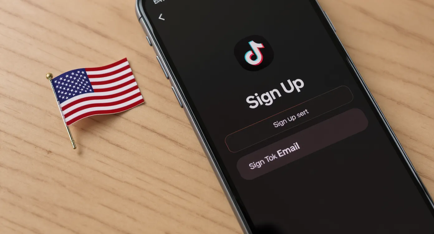 A close-up view of a smartphone showing TikTok’s sign-up screen with the Email option highlighted, while a small U.S. flag pin sits next to the device on a wooden desk.