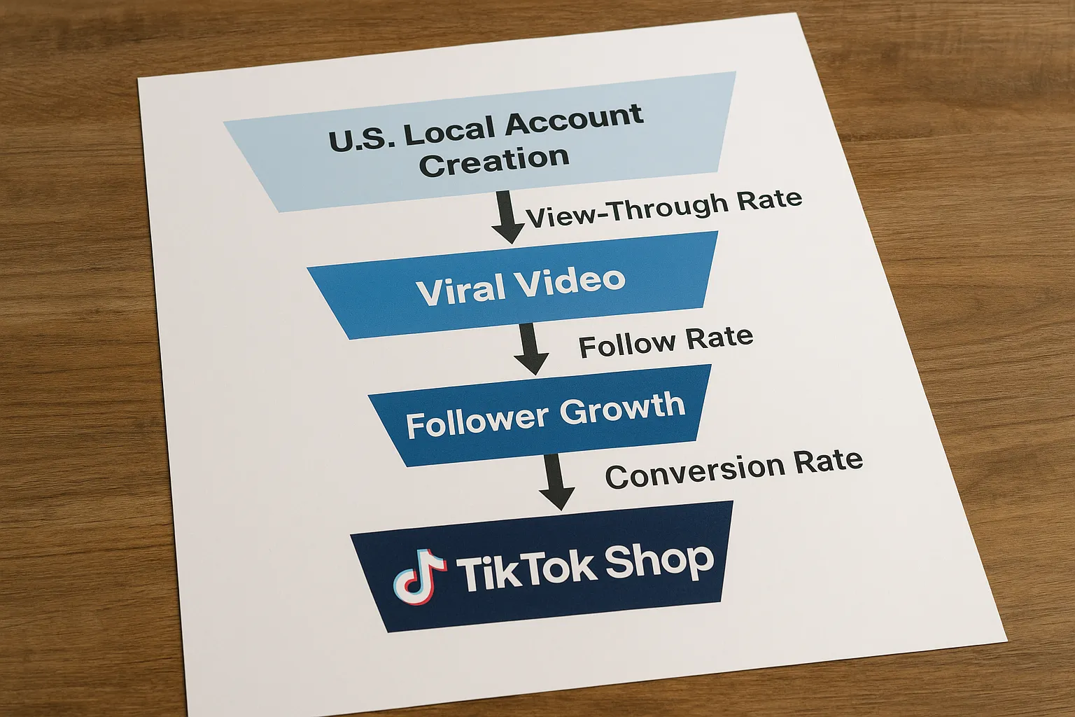 A simplified funnel diagram shows stages: U.S. local account creation → viral video → follower growth → TikTok Shop conversion. Arrow labels indicate key metrics such as view-through rate, follow rate, and conversion rate.