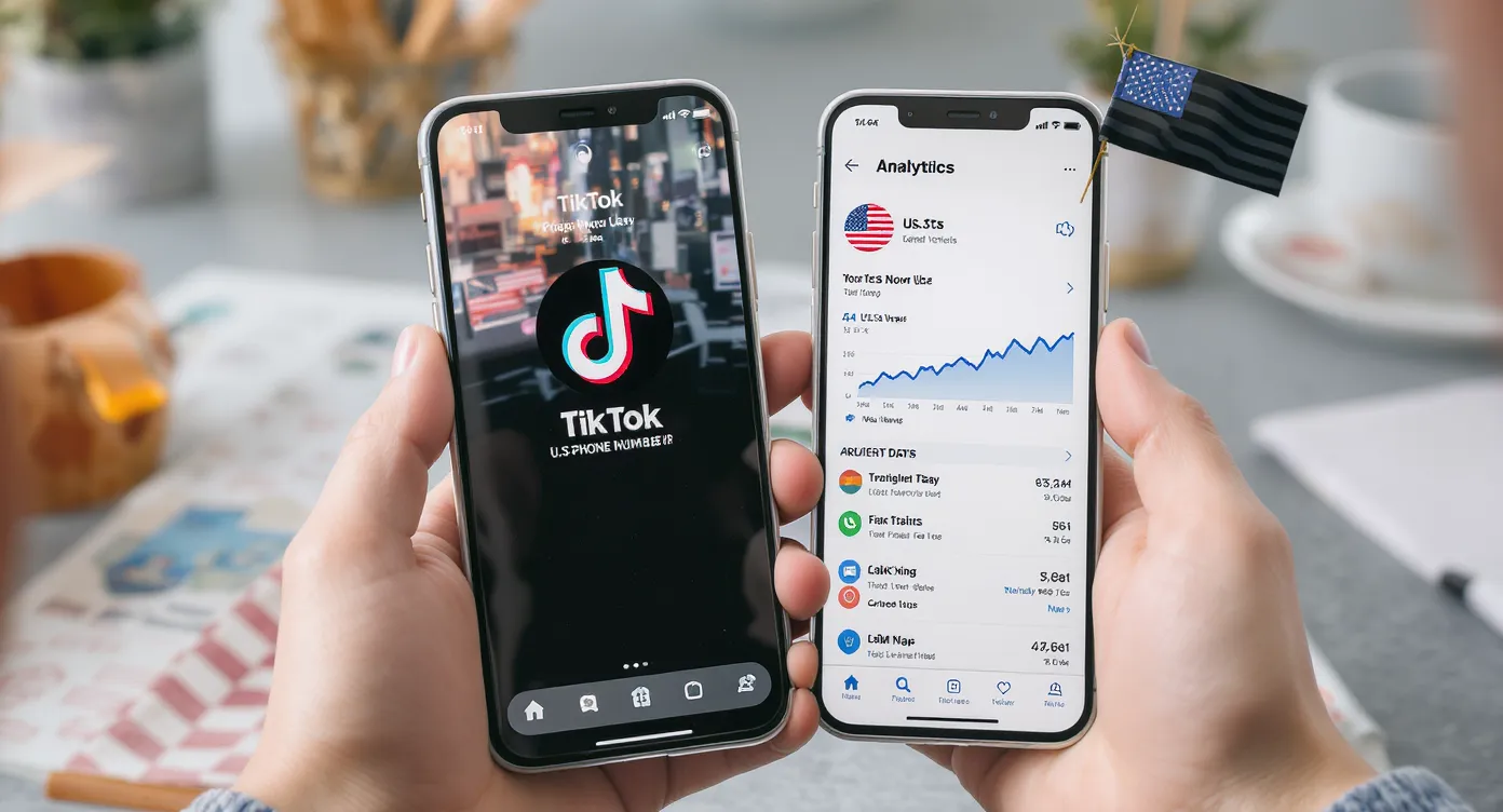 A content creator holds two smartphones side by side: one shows a TikTok account with a U.S. phone number verified badge, the other shows an analytics dashboard highlighting a spike in U.S. views. A small U.S. flag icon is visible on the verified phone screen.