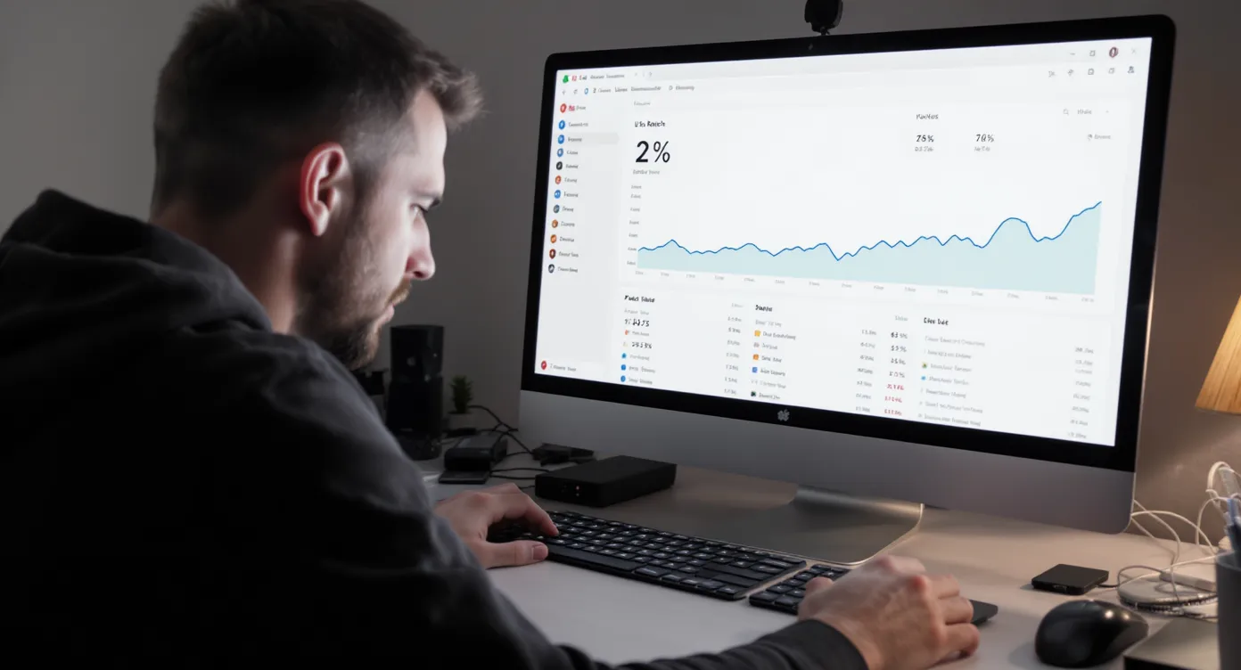 A content creator staring at a frustration-inducing analytics dashboard showing 2 % U.S. reach despite English-language videos, while VPN and SIM cards sit useless on the desk.