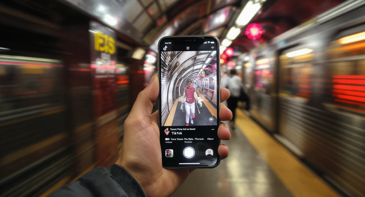 A content creator records a short-form video in a New York subway station, holding a smartphone with the TikTok interface on-screen, while dynamic city lights blur in the background to convey fast-paced urban energy.