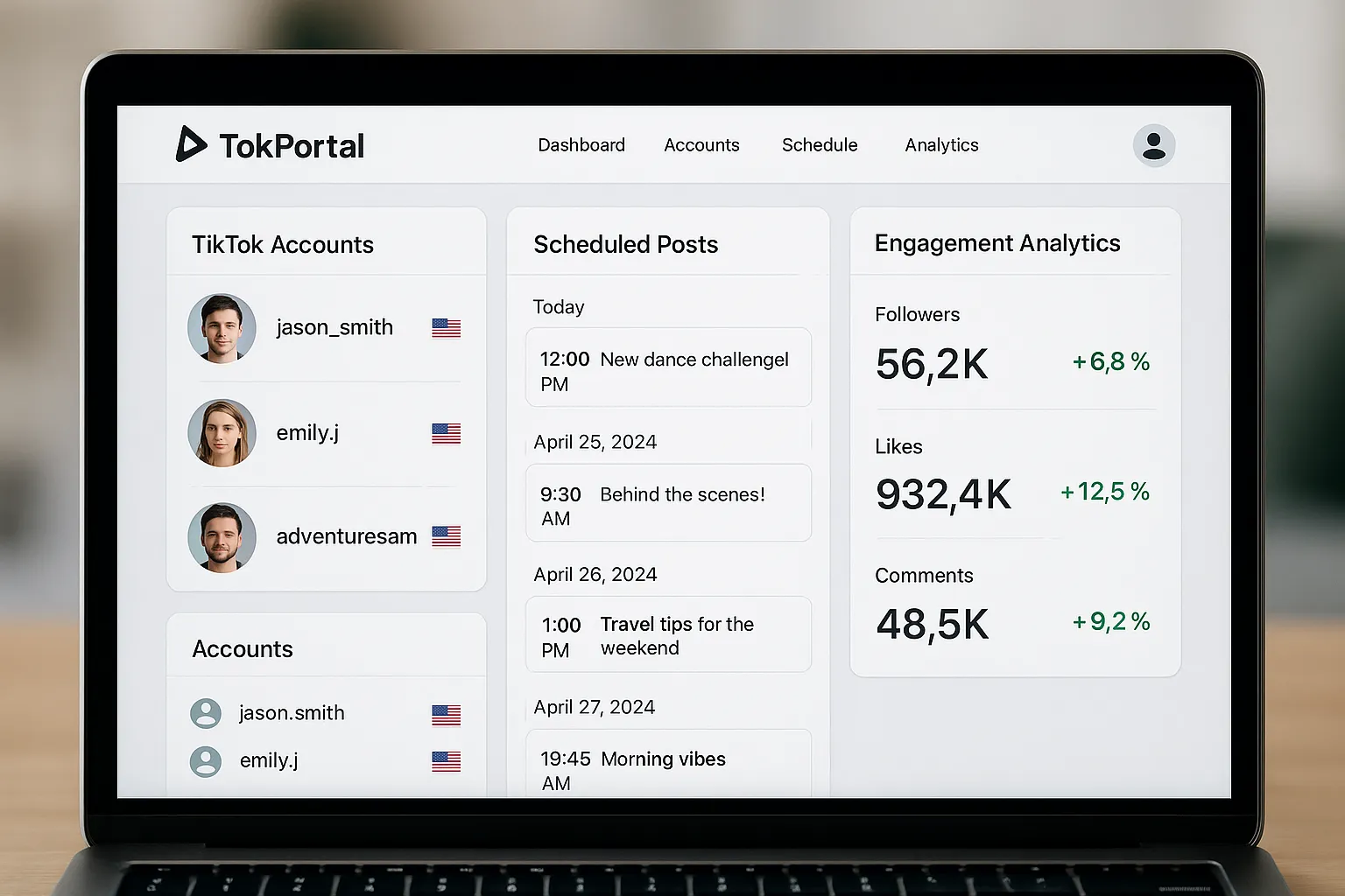 Dashboard mockup showing TokPortal interface with multiple U.S. TikTok accounts, scheduled posts, and engagement analytics highlighted in modern UI.