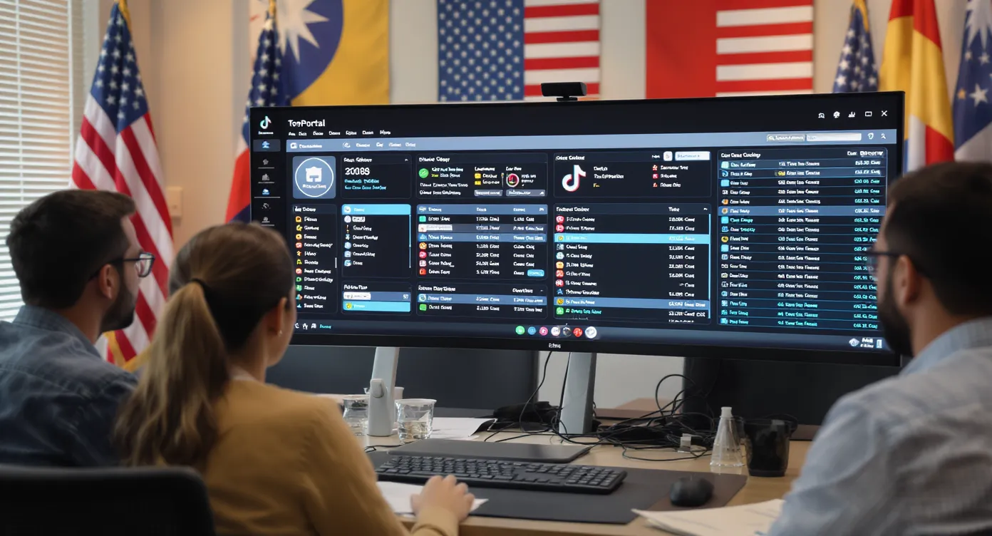A marketing team watches a large monitor displaying a TokPortal dashboard that shows 120 U.S. TikTok accounts, each with local SIM verification status and scheduling queues; the office has flags of different states on the wall.