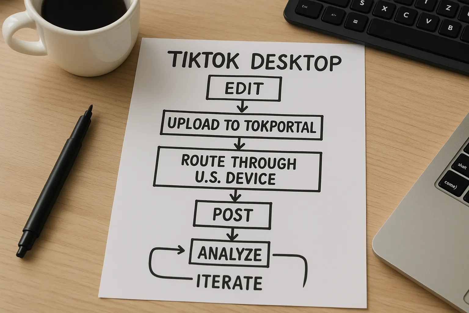 Simple flowchart showing the Tik Tok Desktop workflow: Edit > Upload to TokPortal > Route through U.S. device > Post > Analyze > Iterate.