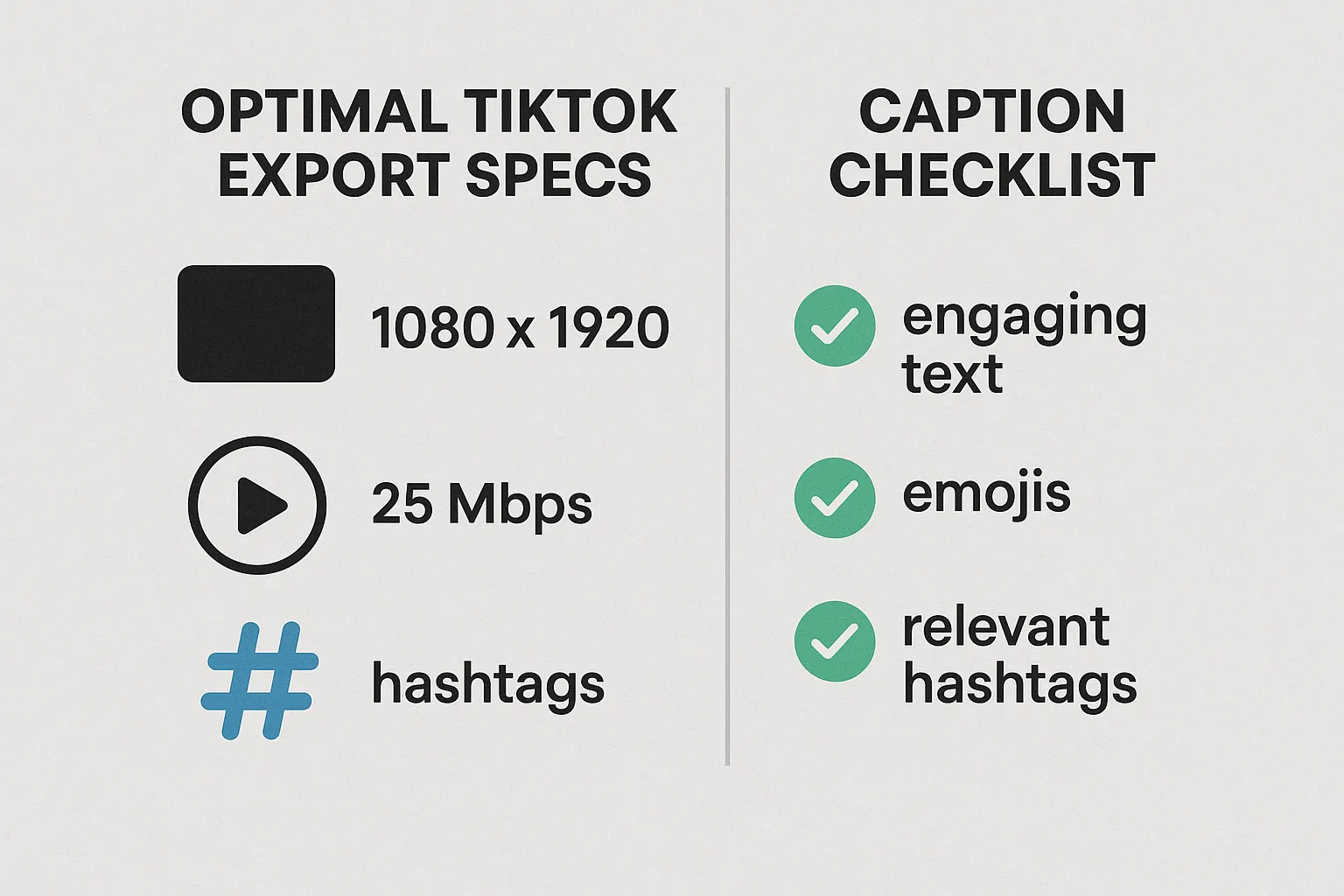 An infographic style visual listing optimal TikTok export specs on the left and a three-step caption checklist on the right, with icons representing resolution, bitrate, and hashtags.