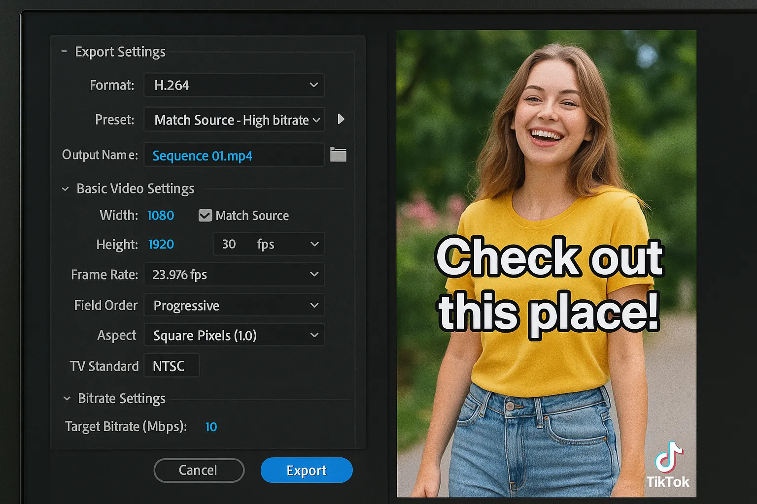 A video editor’s export panel showing 1080x1920, 30 fps, 10 Mbps H.264 settings, while a thumbnail preview displays a vibrant TikTok frame with clear on-screen captions.