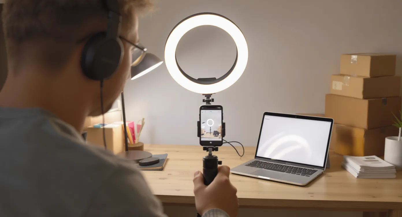 A creator films a close-up product demo for TikTok Shop, holding a ring light over a small desk while a smartphone on a tripod records. Laptops and packing boxes are visible in the background, illustrating a home-office e-commerce setup.