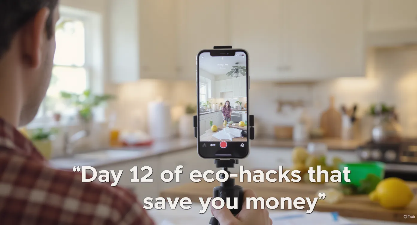 A creator films a cleaning hack TikTok in a bright Florida kitchen while a phone on a tripod records vertically; on-screen text reads “Day 12 of eco-hacks that save you money.”