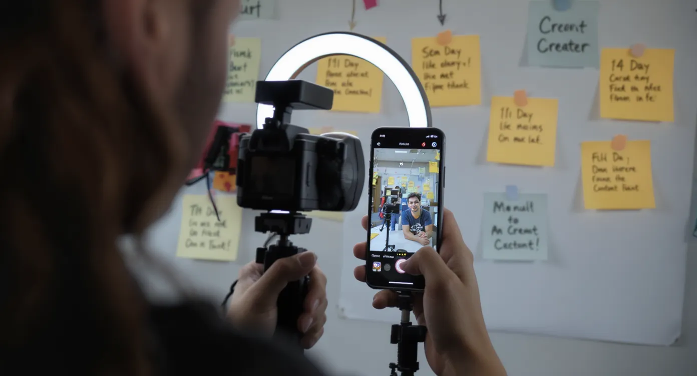 Creator filming a vertical video with a ring light while looking at a phone displaying the TikTok recording interface, surrounded by sticky notes that map out a 14-day content plan.