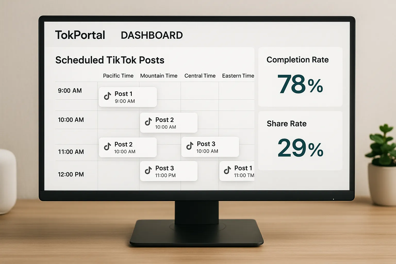 Dashboard view of TokPortal showing scheduled TikTok posts across multiple U.S. time zones, with analytics panels displaying completion and share rates.