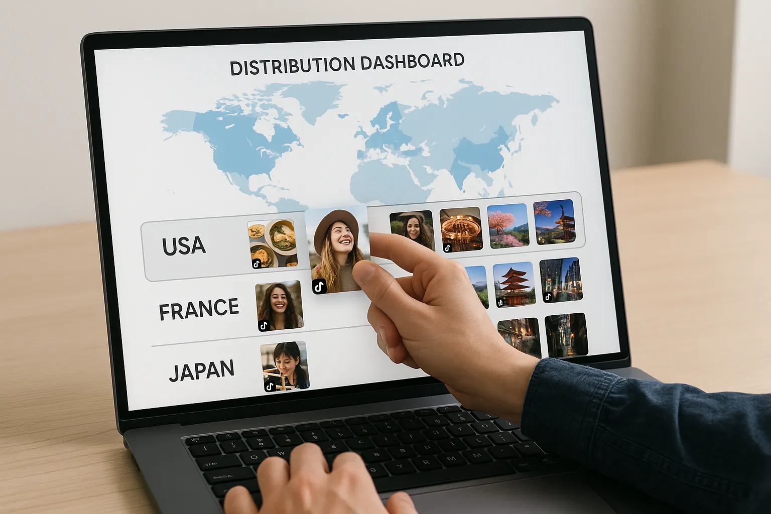 Illustration of a marketer using a single laptop screen to drag-and-drop TikTok videos into multiple country rows—USA, France, Japan—on a clean dashboard interface, with a world map in the background highlighting active regions.