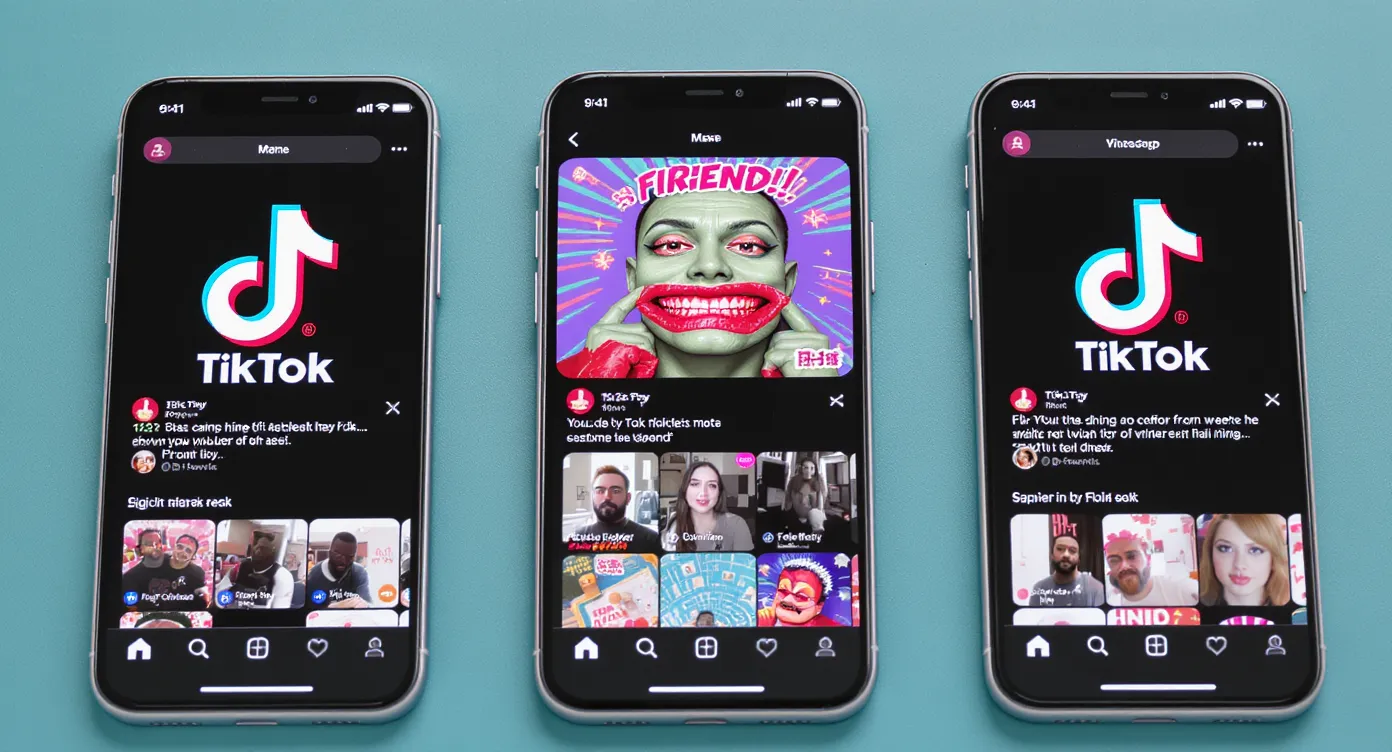 Three smartphone screens show different TikTok accounts from the same brand—main, meme, and Spanish-dub—each displaying distinct thumbnails but similar branding elements, symbolizing a multi-account growth lab.