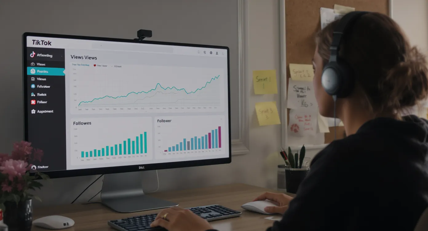 A creator reviews TikTok analytics on a dashboard displaying rising view and follower graphs while sticky notes labeled “Sprint 1,” “Sprint 2,” and “Sprint 3” are arranged on a whiteboard beside her.