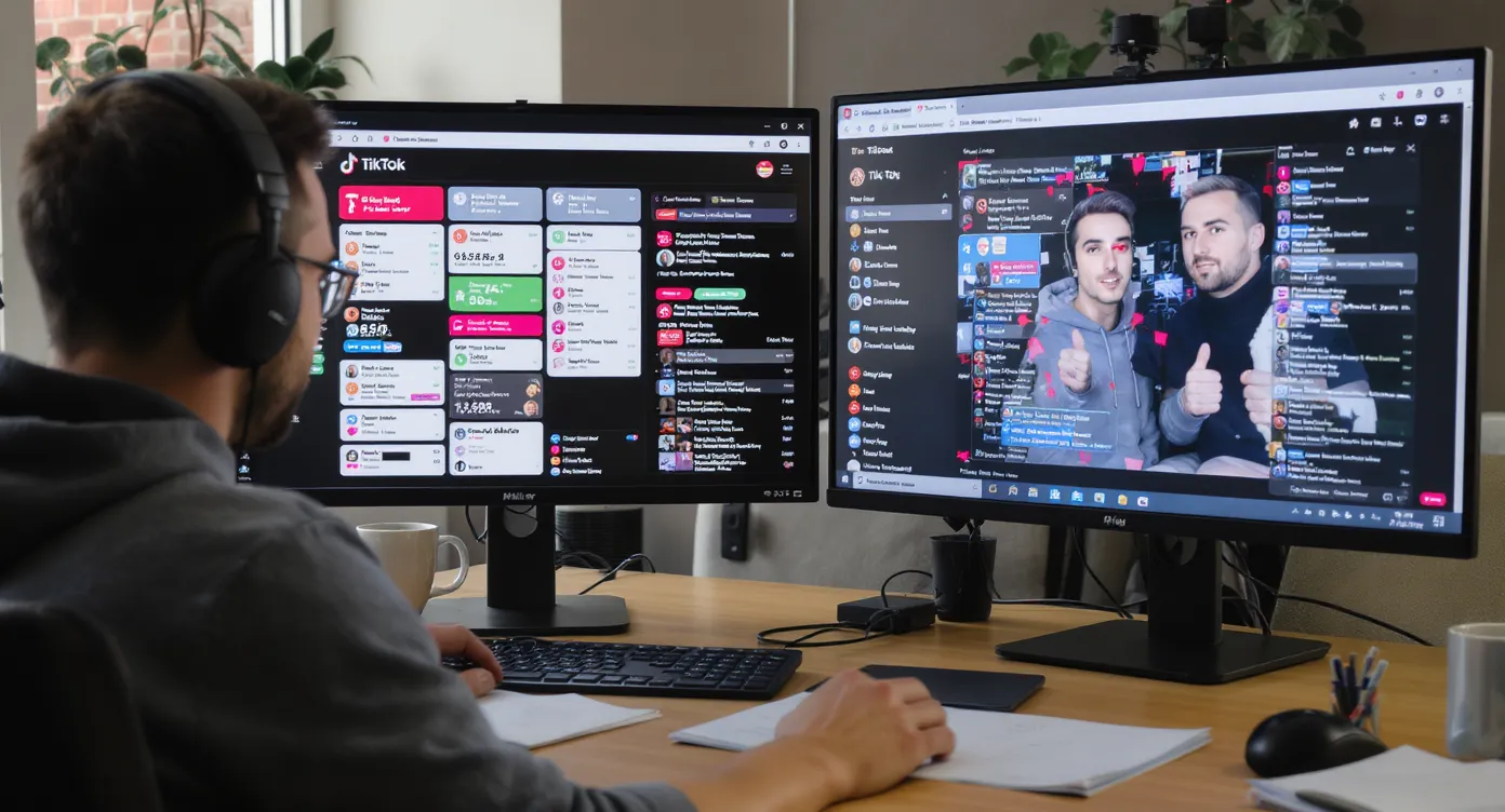 A marketer at a laptop monitors a real-time TikTok dashboard showing comment notifications and conversion metrics, while a second screen displays a viral video’s comment threads filling rapidly.