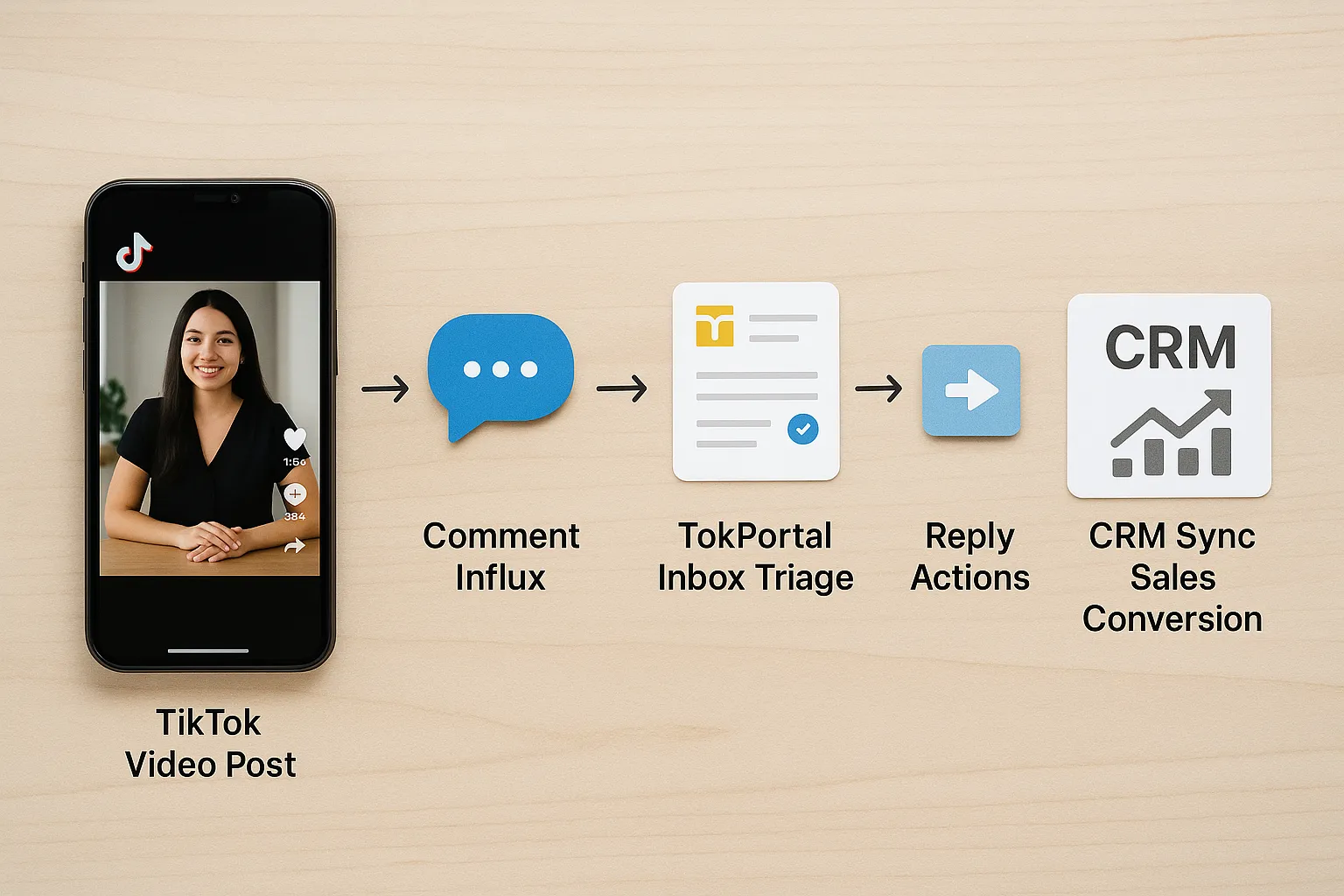 A simplified workflow diagram showing: 1) TikTok video post, 2) comment influx, 3) TokPortal inbox triage, 4) reply actions, 5) CRM sync and sales conversion.