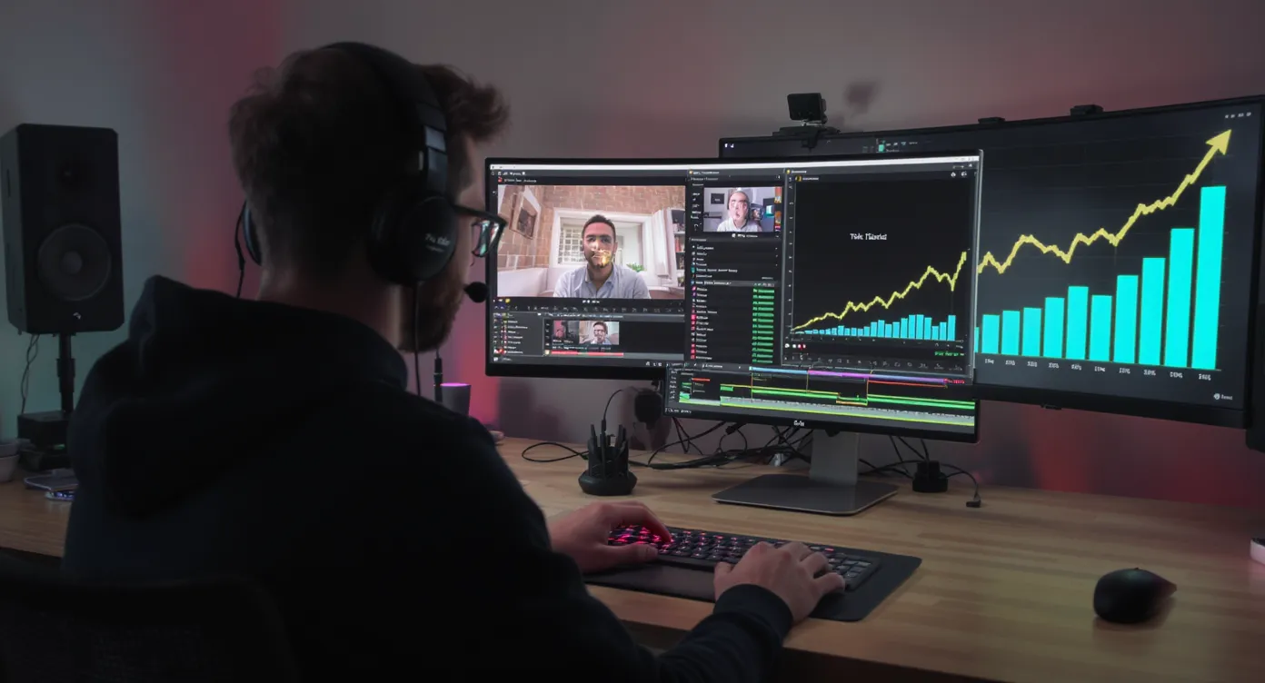 A creator in a minimalist studio rapidly edits a vertical video on a laptop, multiple timeline cuts visible on screen while TikTok analytics show rising replay percentages in the background.