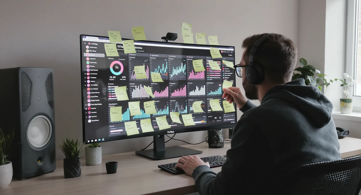 Creator sits in a modern home studio reviewing TikTok analytics on a large monitor filled with colorful charts. Sticky notes labelled “Retention” and “Shares” surround the screen, conveying an iterative content process.