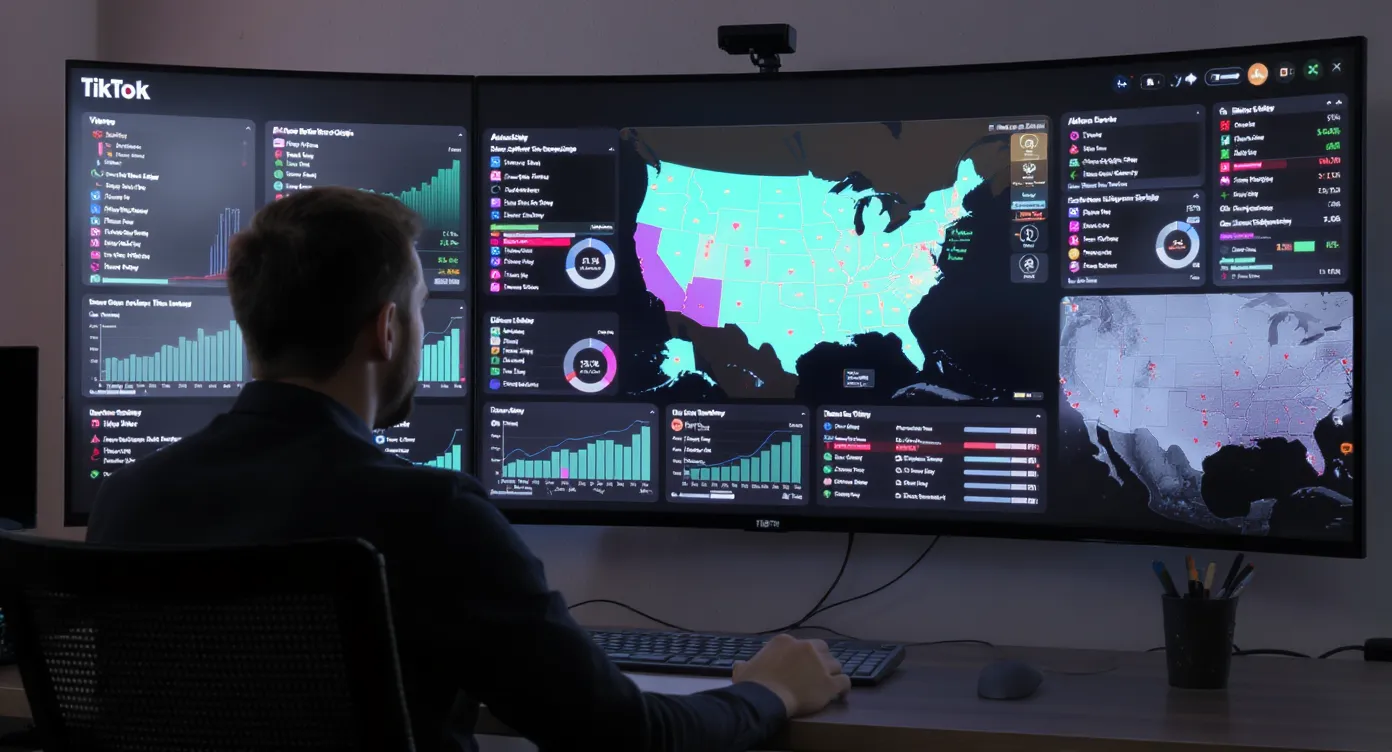 A digital marketer monitoring multiple TikTok analytics dashboards on a large curved screen, highlighting view graphs and audience geography maps focused on the United States.
