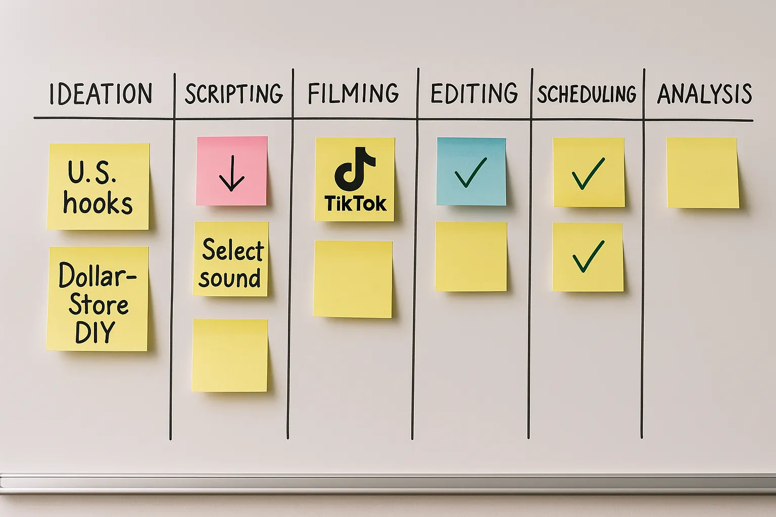 A Kanban board showing a 7-day TikTok production sprint with columns for ideation, scripting, filming, editing, scheduling, posting, and analysis. Sticky notes highlight U.S. hooks like “Dollar-Store DIY,” arrows mark sound selection, and checkmarks indicate scheduled posts.