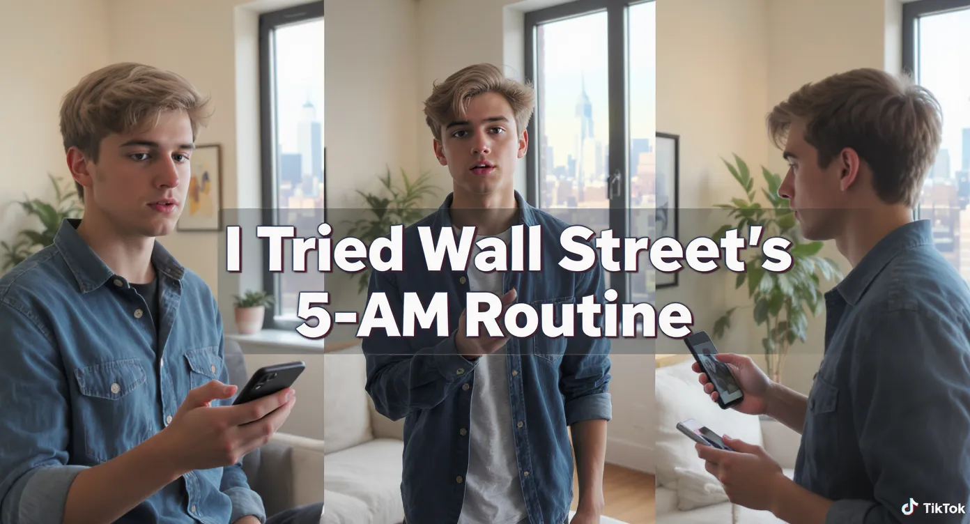 A creator in a bright New York City apartment records a TikTok intro; bold on-screen text reading “I Tried Wall Street’s 5-AM Routine” appears instantly while the camera jump-cuts between three angles in the first three seconds.