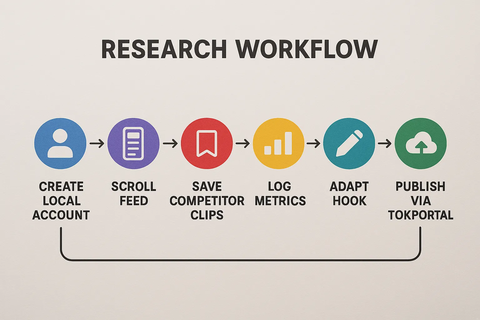 A simplified flowchart showing six colorful icons in a row: 