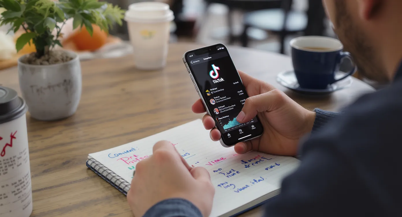 A content creator studies TikTok analytics on a phone while jotting notes on a notepad at a coffee shop, illustrating data-driven optimization for organic view growth.