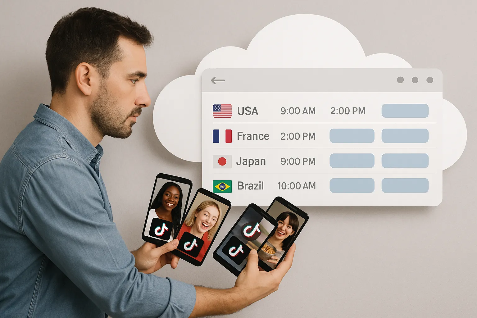 Illustration of a marketer dragging multiple localized TikTok videos into a cloud dashboard that shows time-zone aligned schedules for USA, France, Japan, and Brazil.