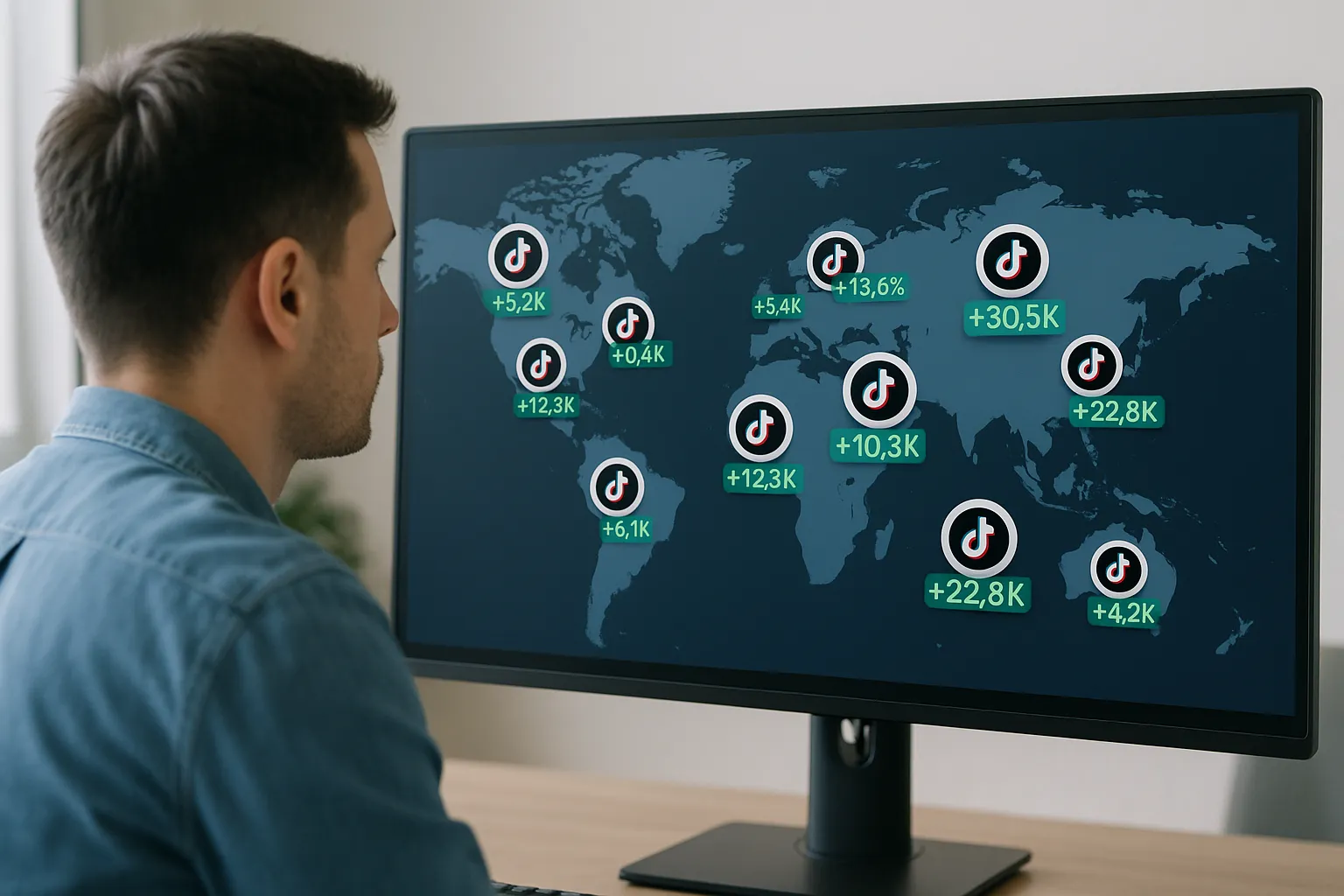 A marketer watches a world map dashboard with dozens of geolocated TikTok account icons, each showing follower growth metrics in separate country bubbles.