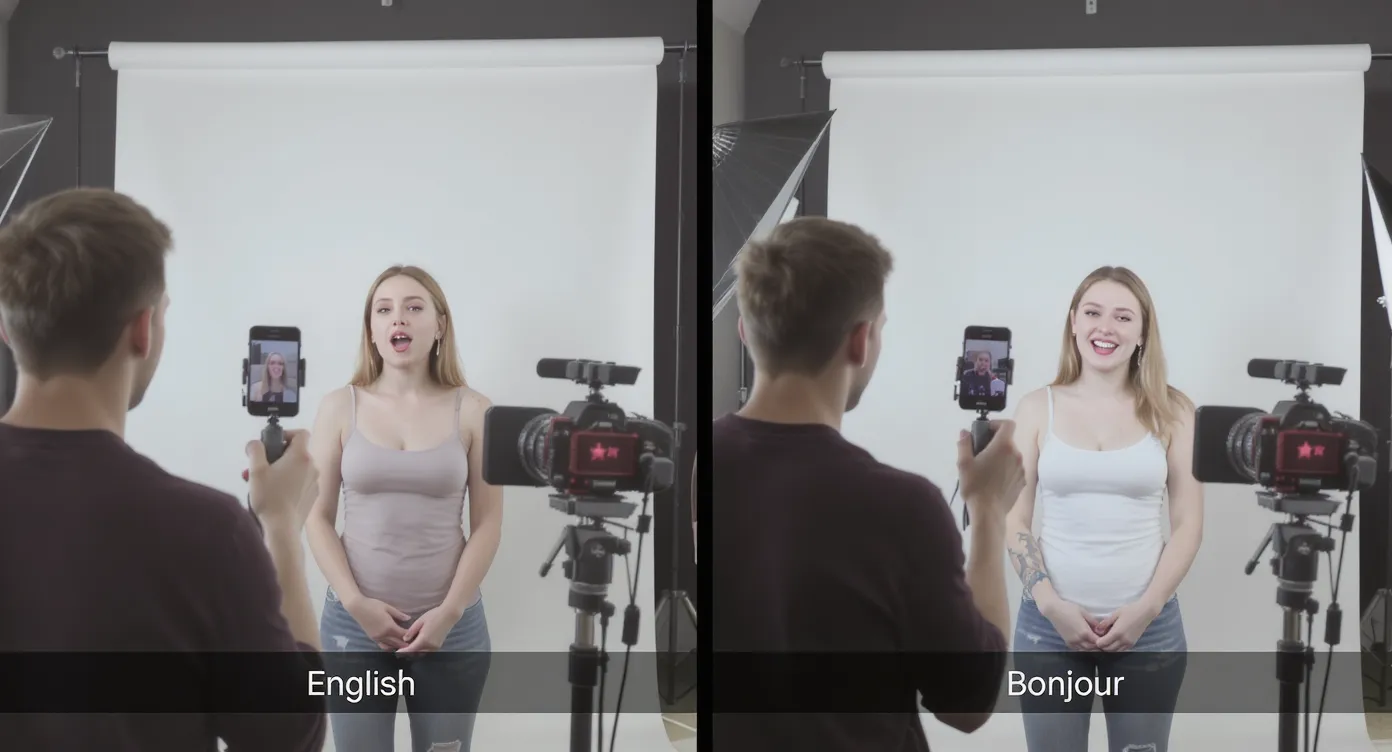 Creator in a small studio records the same TikTok scene twice, changing only the opening sentence in different languages against a plain backdrop.