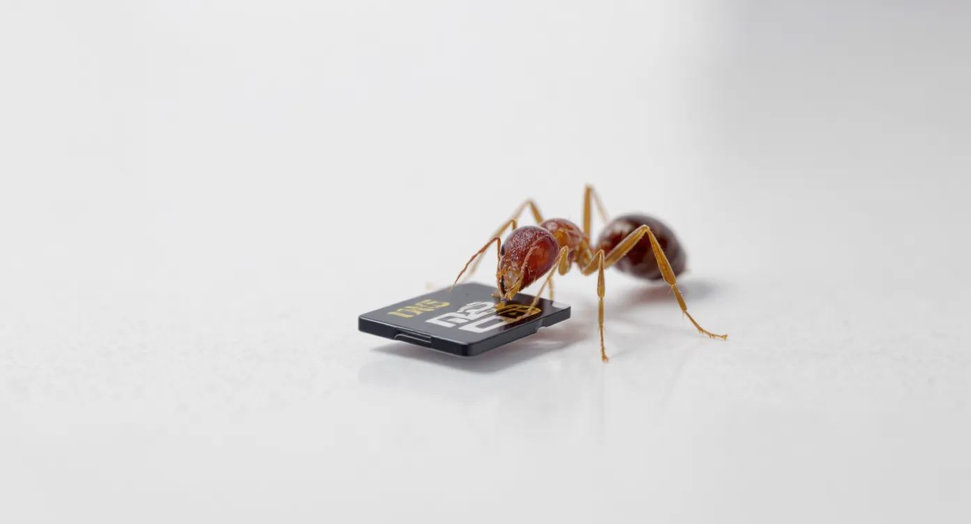 Extreme close-up of a single red ant dragging a micro SD card across a white desk; camera is hyper-focused on textures, creating an odd sense of scale and surprise.