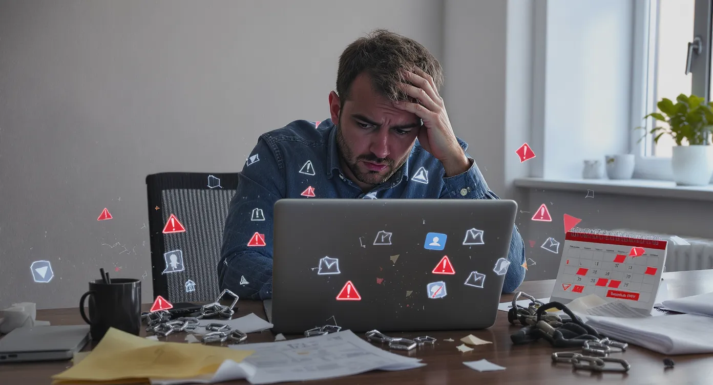 A stressed social media manager sits at a laptop surrounded by warning icons and broken chain links symbolizing account bans, while a calendar shows missed campaign deadlines.