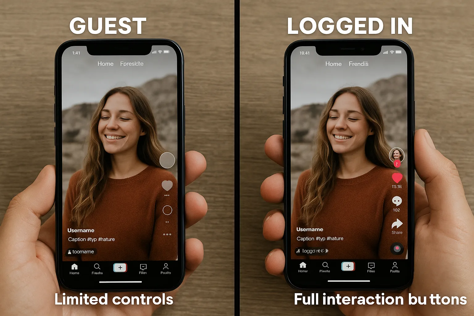A split-screen graphic showing a guest TikTok feed on the left with limited controls and a logged-in feed on the right with full interaction buttons lit up.