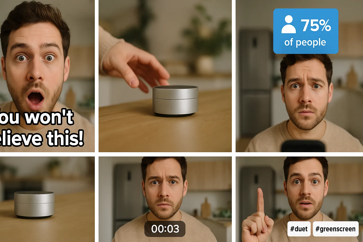 A five-panel storyboard of a creator filming a hook-intense TikTok: first panel shows close-up surprise expression with bold text overlay, second panel shifts to a zoomed product shot, third panel illustrates a quick graphic explaining a statistic, fourth panel shows a reaction shot with a timer counting down, fifth panel ends on a concise CTA with localized hashtag stickers.