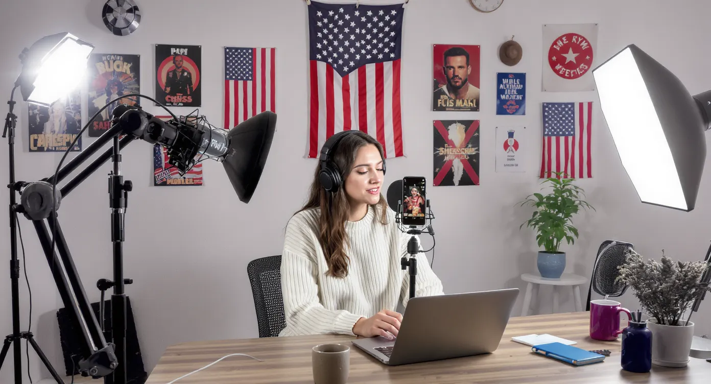 Creator recording a TikTok in a bright studio decorated with U.S. pop-culture posters while a phone tripod captures vertical video for a local American audience.