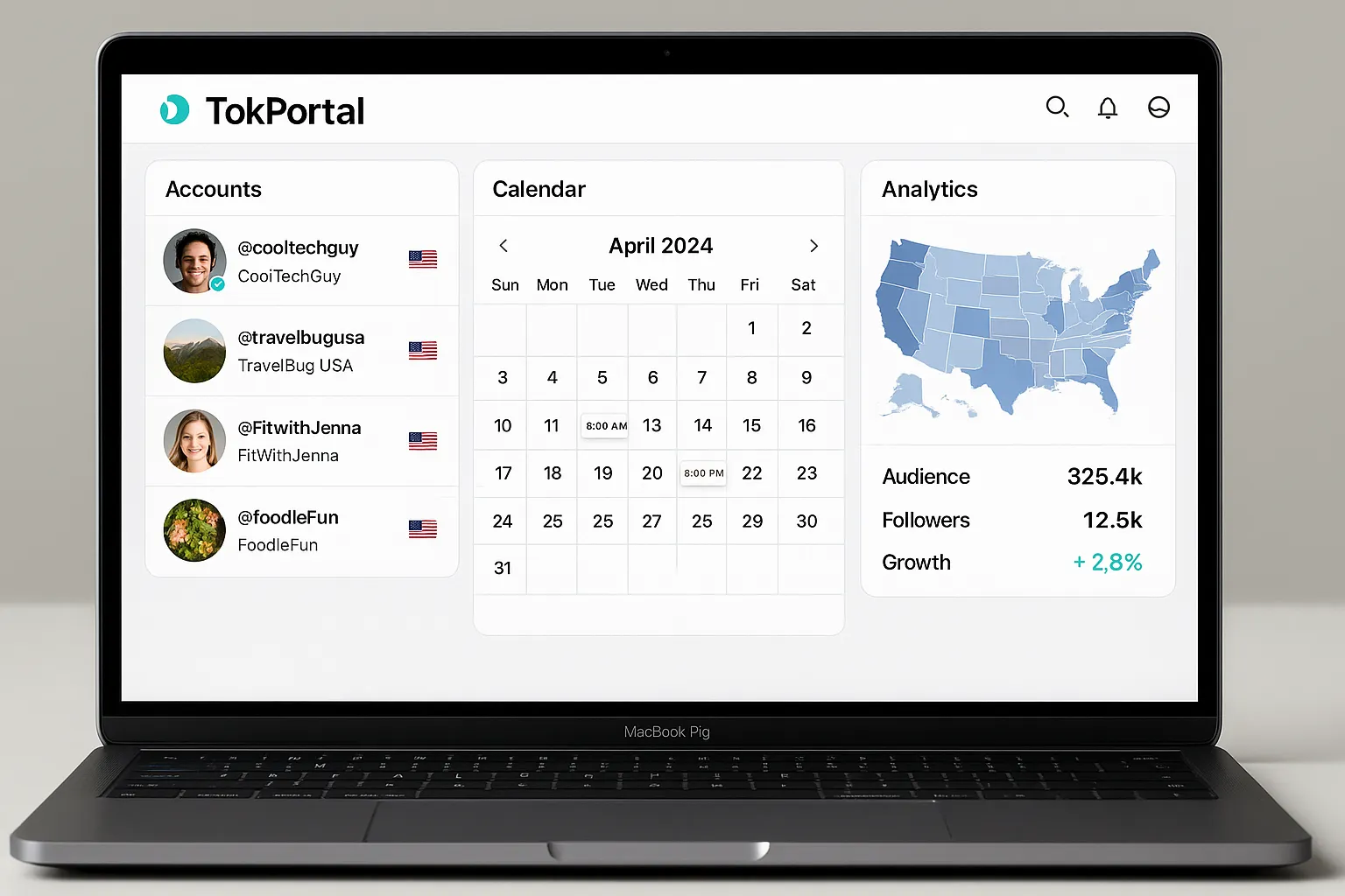 Dashboard view of TokPortal showing multiple U.S. TikTok accounts, scheduling calendar, and geo-segmented analytics on one screen.