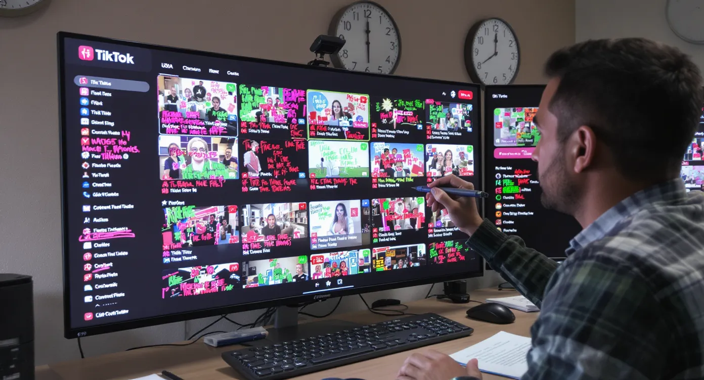 A content strategist reviews multiple TikTok thumbnails on a large screen, marking each with green or red pens according to community-guideline compliance checklists. The room includes world clocks labeled USA, UK, DE, and BR to illustrate multi-market campaigns.