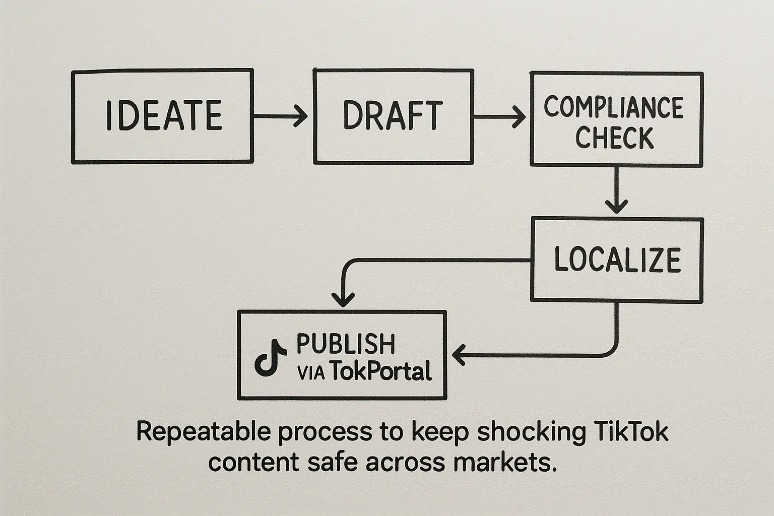 Simple flowchart with five boxes: Ideate ➔ Draft ➔ Compliance Check ➔ Localize ➔ Publish via TokPortal, illustrating a repeatable process to keep shocking TikTok content safe across markets.