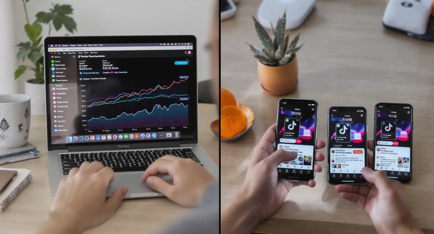 A split-screen view of a social media manager studying real-time TikTok retention graphs on a laptop while multiple phones, each logged into a different local TikTok account, sit on the desk showing localized versions of the same video hook.