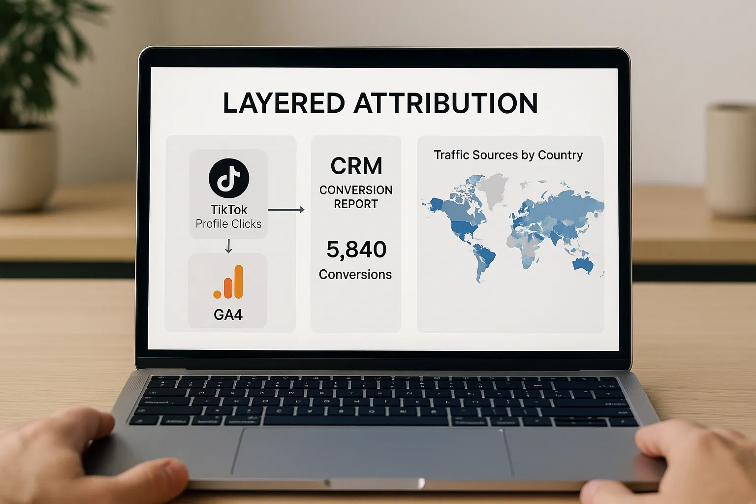 Dashboard screen on a laptop summarizing layered attribution: TikTok profile clicks feeding into GA4, CRM conversion reports and a world map showing traffic sources by country.