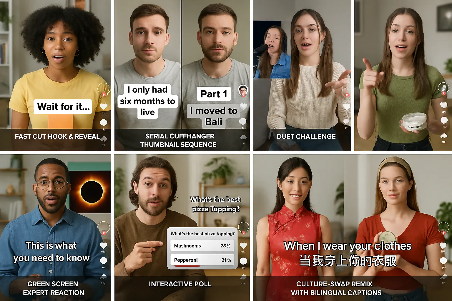 Split-screen collage showing seven different TikTok layouts: a fast cut hook & reveal, serial cliffhanger thumbnail sequence, duet challenge, green screen expert reaction, interactive poll, product demo with pinned coupon, and culture-swap remix with bilingual captions.