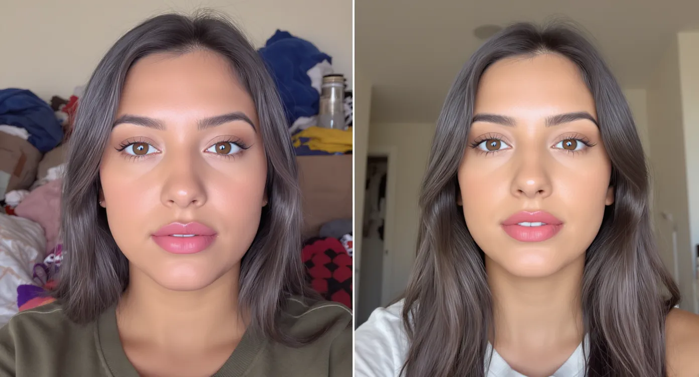 Side-by-side comparison of two TikTok frames: on the left, a cluttered background and heavy beauty filter; on the right, a clean background and natural lighting, illustrating effective vs. ineffective close-up framing.
