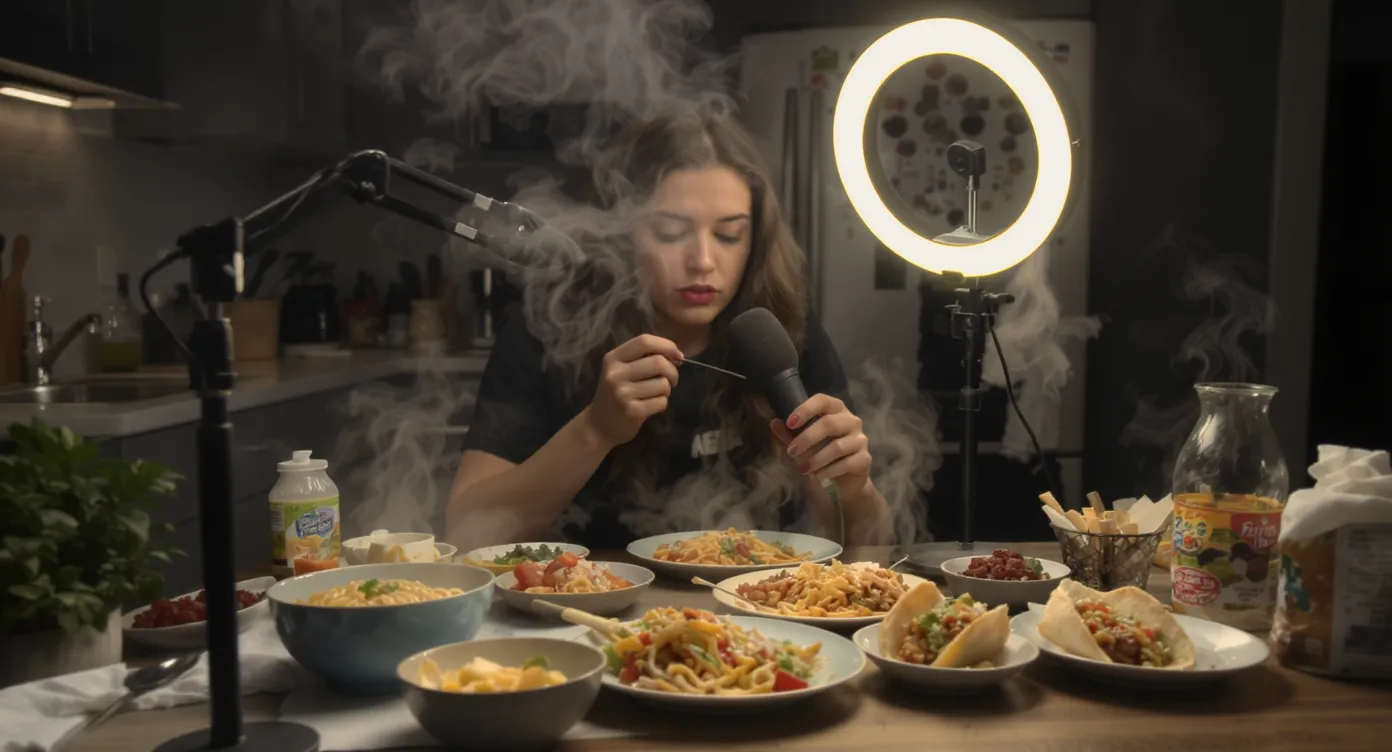 A creator sits at a small kitchen table stacked with colorful dishes—ramen, tacos, pastries—while holding a microphone close to capture crisp eating sounds. The camera is framed vertically to mimic a TikTok view, and soft ring-light illumination highlights steam rising from the food.