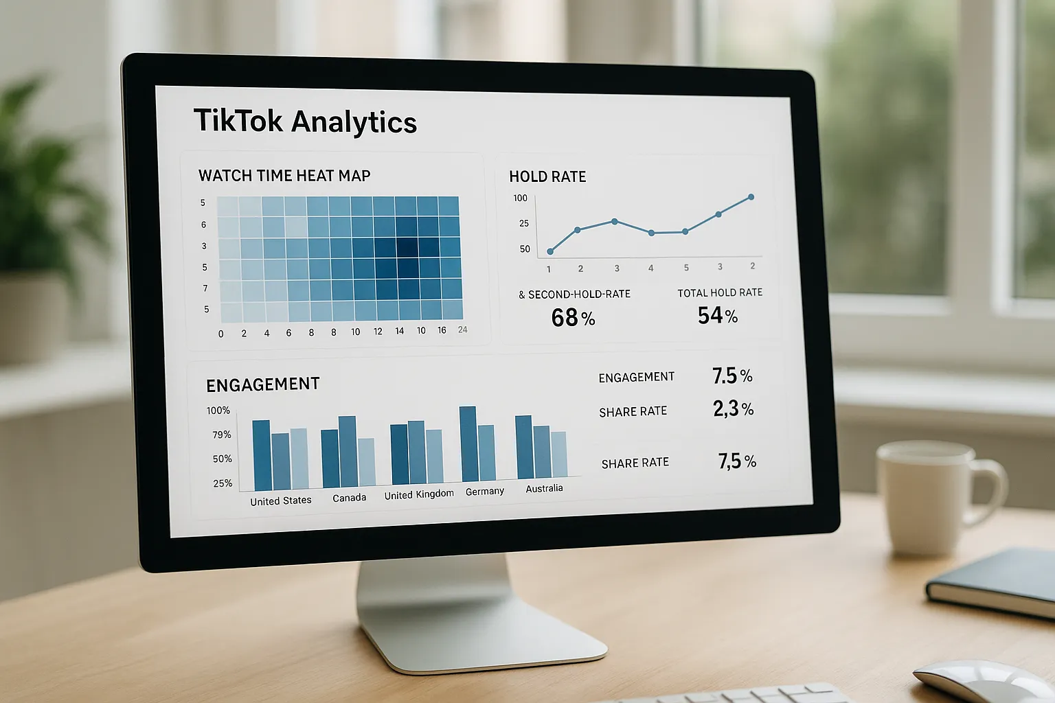 A dashboard mock-up displaying TikTok analytics charts: watch time heat map, hold rate line, and engagement bar graphs, all labeled with clear KPIs like 3-second hold rate and share percentage for different regions.