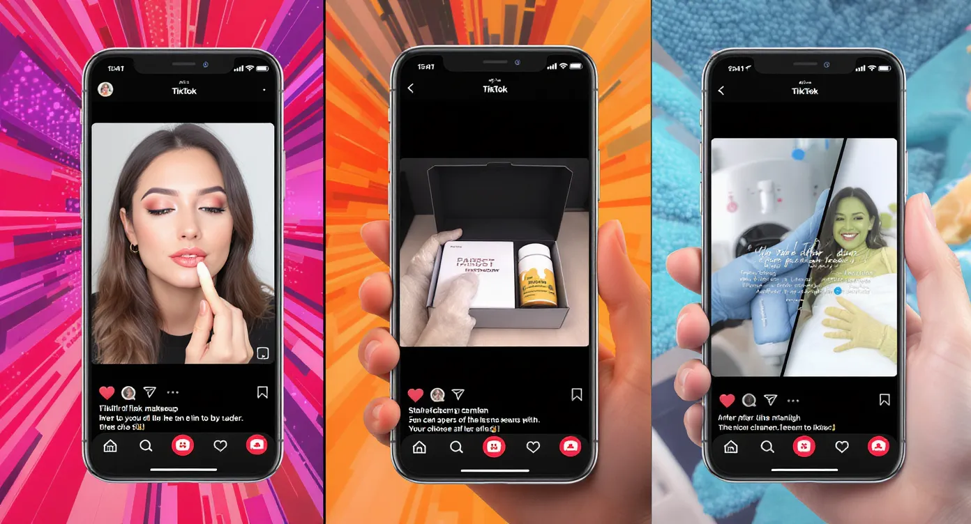A dynamic collage of three vertical smartphone screens showing different brands’ TikTok product showcases: one features a makeup transformation, another a gadget unboxing with subtitles, and the third a split-frame before-and-after cleaning demo, all set against vibrant background colors.