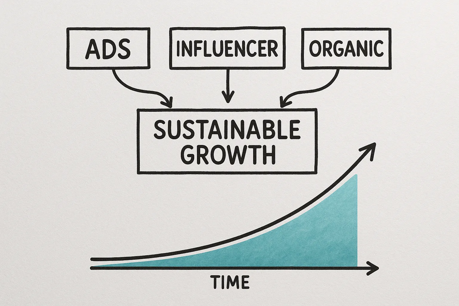 Flowchart illustrating three promotion paths: Ads, Influencer, and Organic Localization, showing how each feeds into sustainable growth over time.